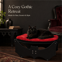 Lit pour chat en bois en forme de chauve-souris gothique avec coussin en peluche et tapis à gratter en sisal pour la collection d'animaux d'Halloween