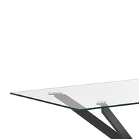 Table à manger rectangulaire moderne avec plateau en verre trempé, pieds en métal noir en forme de X, 6 places, meubles de salle à manger pour la maison, la cuisine et les restaurants