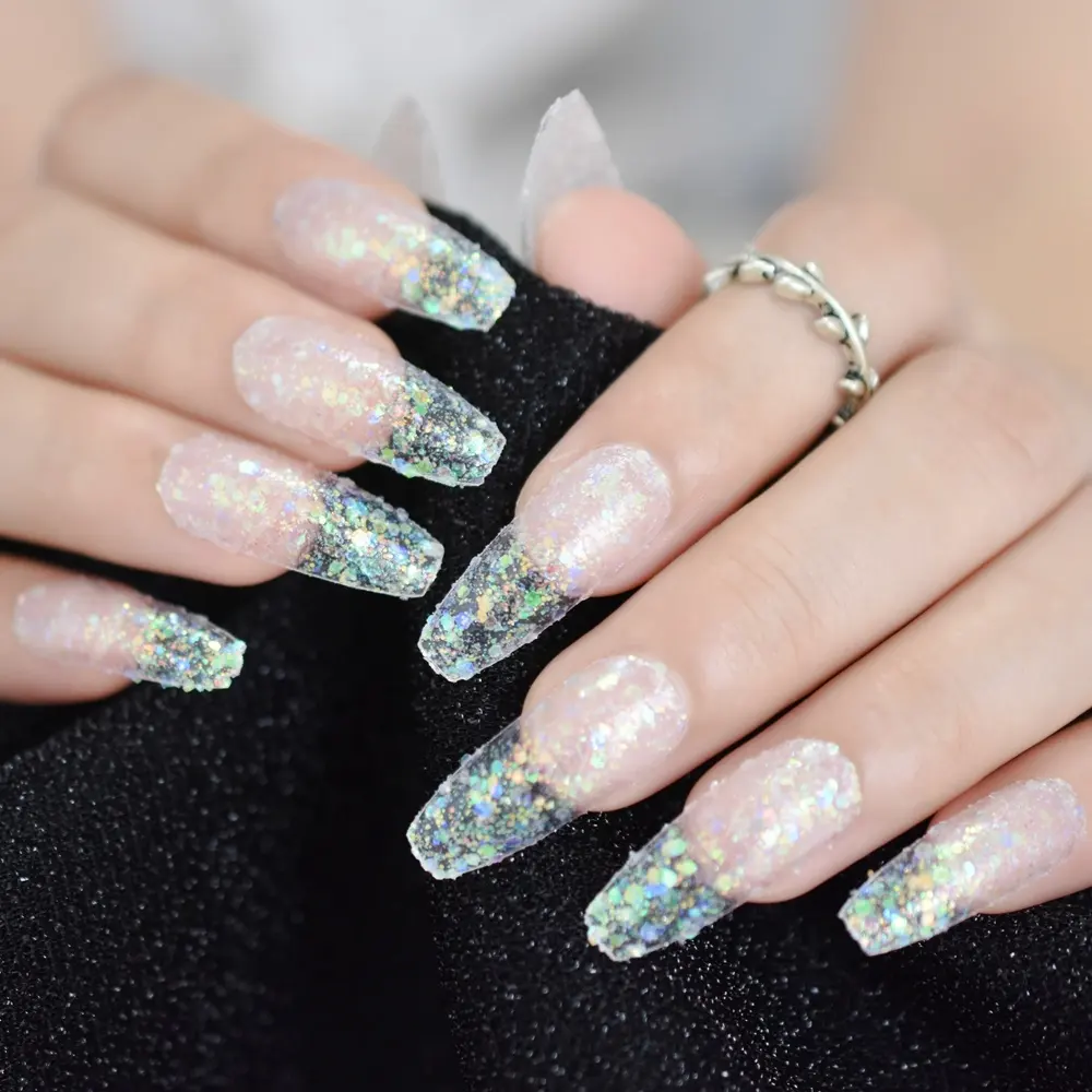 Funkelnden Glänzende Transparent Finger Nagel Sarg Süße Glitter Dreamy Gefälschte Nagel Party Prinzessin Lange Künstliche Nagel L5287
