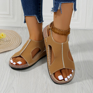Women Large Wedge Sandals European and American Summer New Thick Sole Hollow <b>Magic</b> <b>Tape</b> Beach Sandals Wholesale - Product Image 3