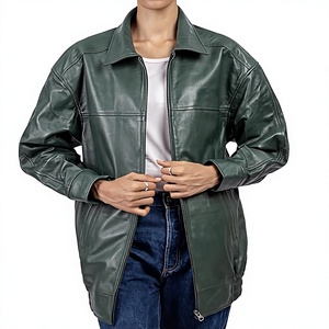 Veste de moto en cuir véritable pour femme, manches longues, col rabattable, fermeture éclair, longueur longue, style automne - Product Image 1