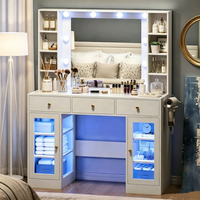 Coiffeuse Moderne Blanche 2026 avec Miroir LED, Support Sèche-Cheveux, Tiroirs de Rangement, Plateau en Verre RGB et Éclairage 3 Couleurs pour Chambre à Coucher