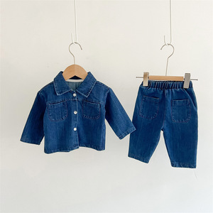 봄 가을 아기 남아 여아 의류 세트 긴팔 데님 셔츠 코트 바지 투피스 아기옷 - Product Image 3