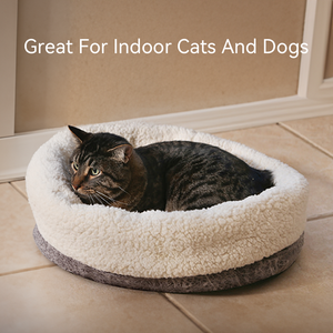 맞춤형 화이트 폴리 파이버 솔리드 클래식 라운드 진정 온열 개 침대 겨울 따뜻한 부드러운 이동식 및 애완 동물 수면을위한 빨 - Product Image 5