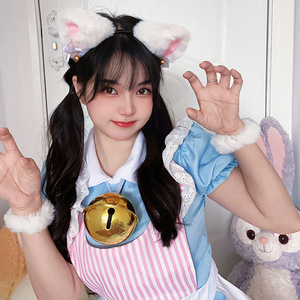 Yi Xiaoyi Maid Costume Women Anime Cosplay Dress With <b>Cat</b> Ears And Bell Pink Striped Apron Adult Size - Product Image 1