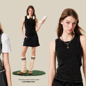 Haut court femme <span class=keywords><strong>Vintage</strong></span> lavé frit couleur remuant sans manches T-shirt teint par pulvérisation transfert de chaleur réservoir gilet - Product Image 2