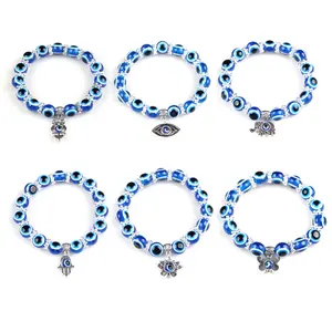 Blue Evil Eye Bracelet Hand of Fatima Turkey Thousand Eyes Wish Handmade Women's Resins Bead Bangle Elastic Bracelets