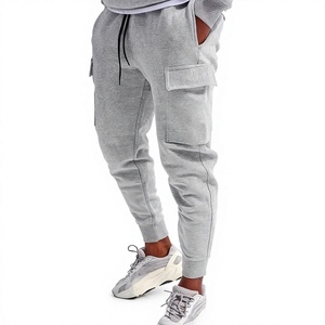 Pantalon de survêtement cargo gris léger en toile pour homme, 100 % coton, taille élastique plate avec cordon de serrage, plusieurs poches, décontracté, coupe-vent - Product Image 4
