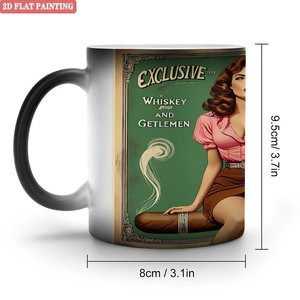 Mug en céramique noir givré de 11 oz, changeant de couleur à la chaleur, avec motif vintage de pin-up fumeuse de cigare, peinture plate 2D - Product Image 1