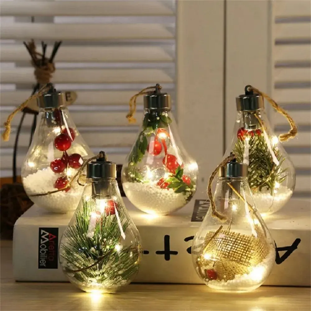 LED Luz Lâmpadas De Natal Ornamento Transparente Bola Holly Pick Natal Baubles Limpar Árvore Decoração Artesanato