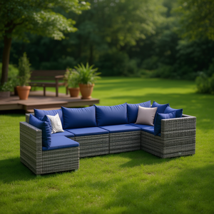 Set Lounge da Esterno in Rattan Grigio con Cuscini Blu Scuro, 6 Posti, Arredamento da Giardino Contemporaneo Resistente alle Intemperie - Product Image 2