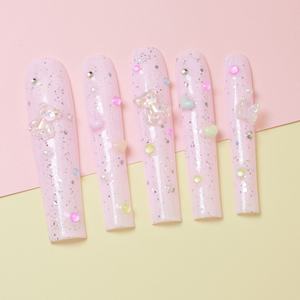 Faux ongles à presser faits main, couvrance totale, forme cercueil longue, en acrylique de luxe, avec French manucure et papillons 3D, haute qualité, pour vente en gros - Product Image 1