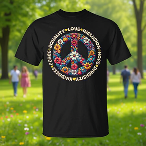 Camiseta con signo de paz floral, amor, igualdad, inclusión, esperanza, diversidad, bondad, unisex, para adultos, de algodón, cuello redondo, manga corta - Product Image 3