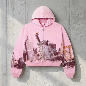 Sudadera con Capucha Personalizada, Oversize, Hombros Caídos, Cierre Completo, Estampado Gráfico DTG, Acabado Lavado, Color Rosa, Estilo Urbano, Sudadera de Calidad para Hombre - Product Image 1