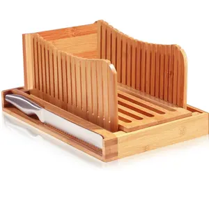 带刀的豪华竹制面包切片机-3片厚度，带面包屑托盘的可折叠紧凑型切割导轨