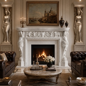 Cheminée traditionnelle en marbre avec sculptures ornées, pierre blanche, décoration murale intérieure pour salon - Product Image 6