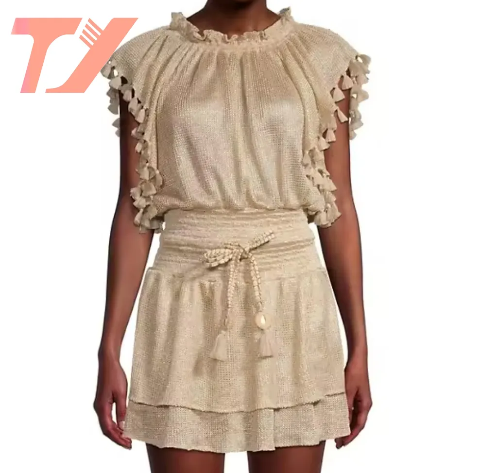 TUOYI Custom Round Neck Short Flutter Sleeves Mini Casual Solid Metallic Knitted Tassel Linen Dress