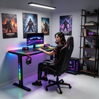 Bureau d'ordinateur de jeu RGB, table en verre trempé, structure en acier en forme de Z, 1200 mm, noir, poste de travail pour salle de jeu, studio