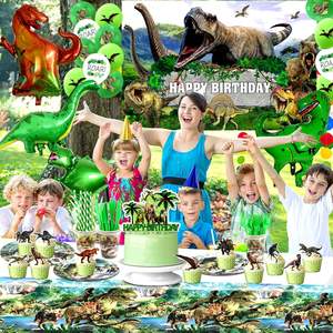 Décorations d'<span class=keywords><strong>anniversaire</strong></span> sur le thème des dinosaures, fournitures pour fête de dinosaures comprenant une bannière, une <span class=keywords><strong>nappe</strong></span>, des ballons, des décorations de gâteau, des assiettes, des serviettes pour fête d'enfants - Product Image 6