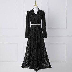 Robe Courte en Mousseline Unie Style Doux, Col Montant, Manches Bouffantes, Coupe Ajustée, Respirante, Printemps, Formelle, Vintage, Dentelle Plissée, Décontractée - Product Image 5