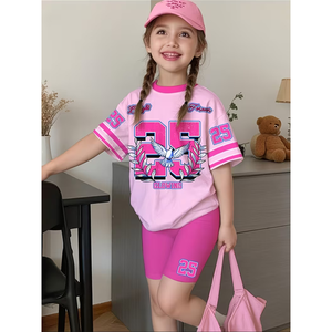 Ensemble short et t-shirt à manches courtes pour filles, motif lettres, tendance printemps/été/automne, vente en gros, offre spéciale - Product Image 1
