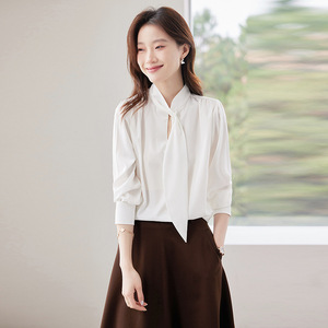 Women's Red Satin Blouse Long Sleeve Wrap Tie Office Shirt Solid Color Polyester Q9974 - Product Image 4