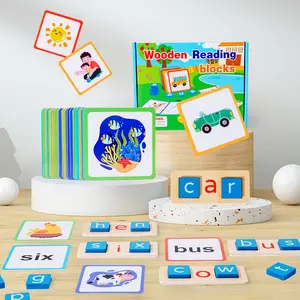 Juego educativo para preescolar para niños, juego de bloques de lectura de madera con tarjetas Flash de doble cara