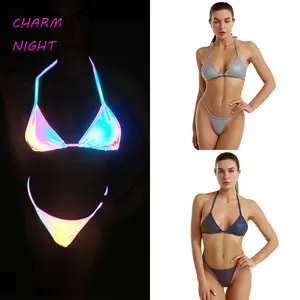 Gece kulübü seks erotik giyim mikro dize Bikini Halter kravat-up Glow karanlık yansıtıcı Bikini setleri Mini tanga seksi iç çamaşırı