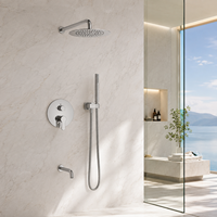 Kit de douche encastré moderne chromé à trois fonctions, mitigeur mural avec poignée, bouton de commande intégré chaud/froid, jet de pluie intérieur