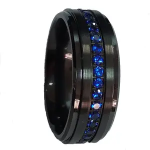 Chengjewelers Wholesales New Designs Black Tungsten Men Silver Rings Stone with Blue CLASSIC Gold Engagement Rings Zircon Flat