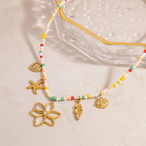 Collier bohème coloré en perles, pendentif fleur en acier inoxydable, style plage océanique, chaîne de clavicule, bijoux pour femmes - Product Image 2