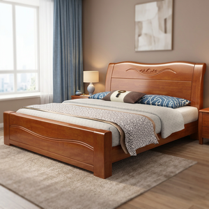 Classic Solid Wood Modern Platform <b>Bed</b> Frame King & <b>Queen</b> <b>Size</b> Bedroom Furniture with Carved Headboard for Home Hotel Villa - Product Image 2