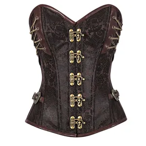 Women Sexy Vintage Steel Boned Corset Punk Brown Printed Bustier Steampunk Gothic Corsets With Buckle Lacing Up Party