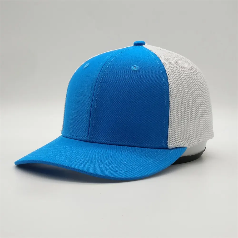 BSCI Oem Factory Custom Breathable Gorras Caps Flex Fit Mesh Back Blue 6 Panel Blank Plain Trucker Hats