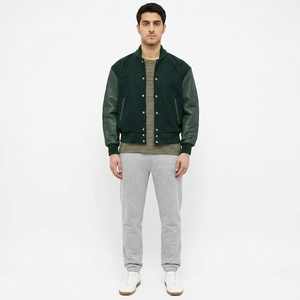 Mens Dark Green and Olive Varsity Style Jacket <b>Leather</b> Style Sleeves Snap Button Closure Premium Urban Streetwear Fashion Coat - Product Image 1