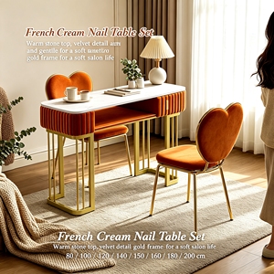 Table de manucure style Ins, poste de travail moderne pour salon de manucure <span class=keywords><strong>avec</strong></span> rangement, bureau à ongles <span class=keywords><strong>avec</strong></span> cadre en métal doré pour institut de beauté - Product Image 1
