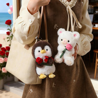 Peluche ours en peluche rose pour la Saint-Valentin, pingouin en peluche, animal en peluche, ours mignon et moelleux tenant une rose, porte-clés en peluche, cadeau romantique