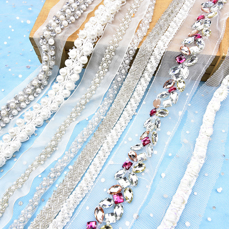 Bridal Decorative Crystal Rhinestone Chain Pearl Beaded Sew on Mesh Ribbon White Lace Trim