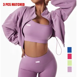 Nouveau Logo personnalisé hiver nouveau séchage rapide Sportswear Leggings et soutien-gorge ensemble dames à manches longues sweats à capuche survêtements 3 pièces Yoga ensemble