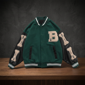 Blouson universitaire en laine verte pour homme avec manches en cuir, patch lettre B brodé, manteau de baseball, fournisseur en gros, LOGO personnalisé - Product Image 2