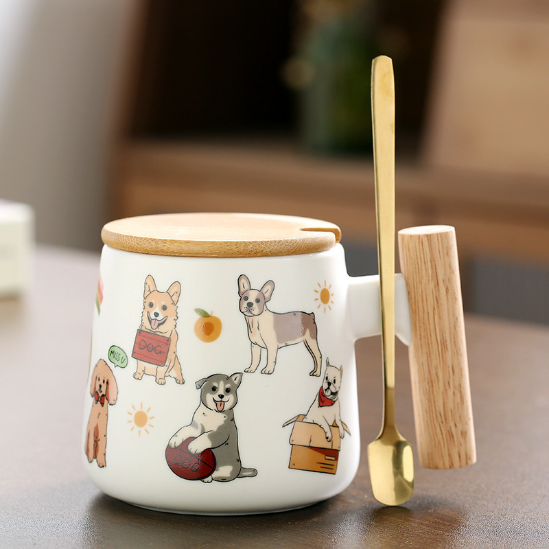 Tasse à café pour couple, manche en bois, crochet pour chien, couvercle en bambou, cuillère dorée.