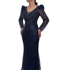 Navy V Neck Long Sleeves Beaded Mermaid Dresses Serene Hill LA71931 Elegant Evening Party Gowns For Women