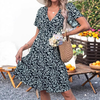 Robe midi décontractée à imprimé floral et col en V pour femme, nouvelle collection, vente en gros