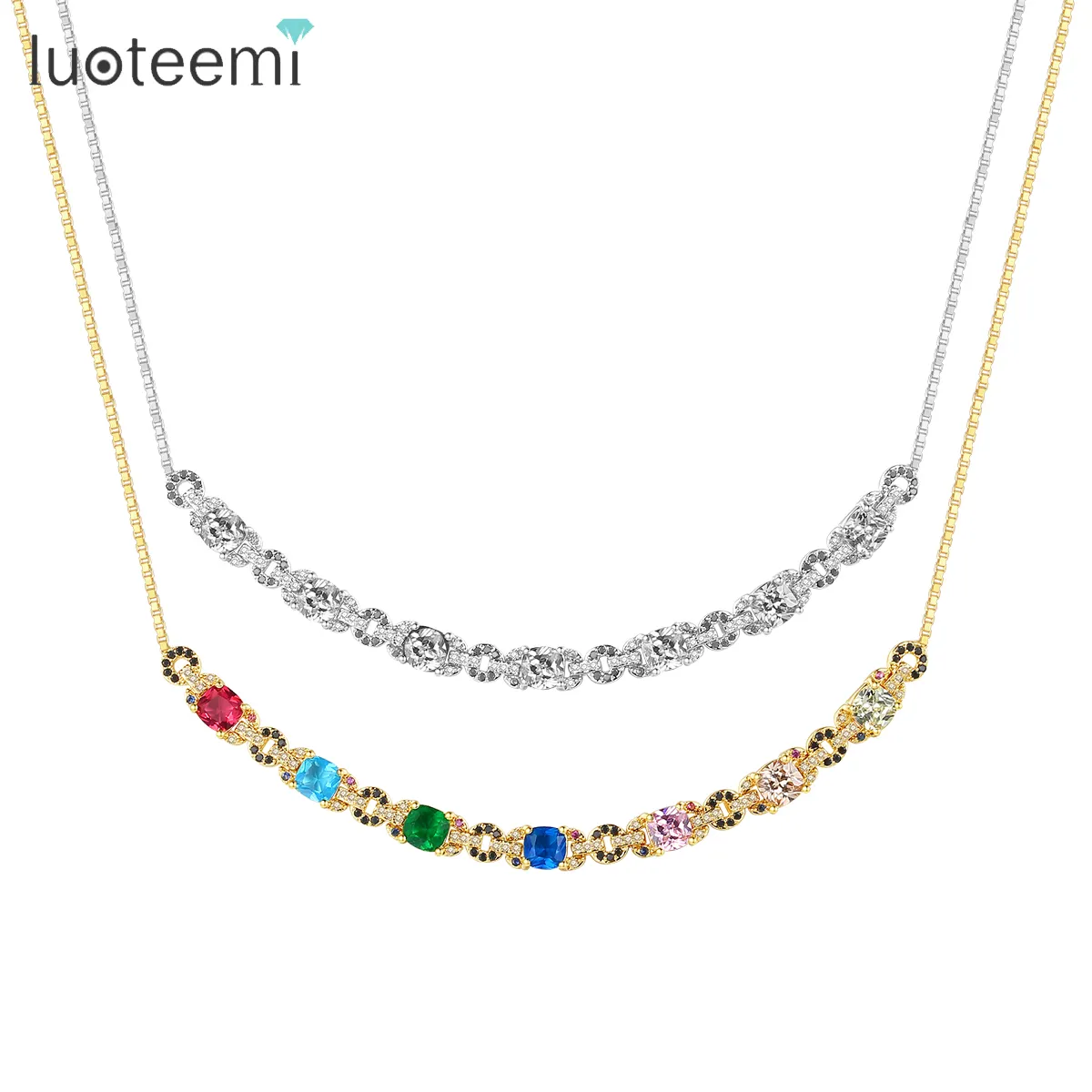 LUOTEEMI Zircon Indian Necklace Cuban Jewelry 18K Gold Plated Bead Chain Multi Pendant Choker Chocker for Lady