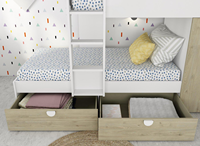 Lit superposé moderne en bois bicolore pour enfants avec échelle, tiroirs sous le lit, mini-armoire, rangement gain de place et design écologique