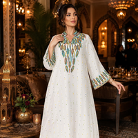 Gaun Maxi Panjang Bordir Tali Polyester Berhias Manik-Manik V-Neck, Busana Muslimah Sopan untuk Pesta, Festival, Acara Spesial, Abaya Floral ODM