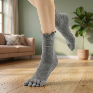 Chaussettes cinq doigts en coton gris uni respirantes pour usage quotidien, style tricoté, pour jeunes et adultes, printemps-automne - Product Image 3