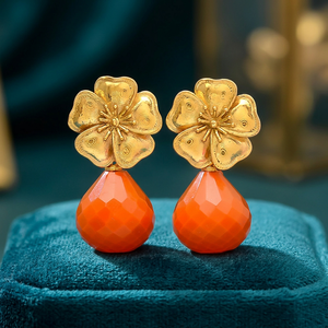 18k Gold Plated Brass Ethnic Unisex Flower <b>Earrings</b> with Radiant Orange G - Product Image 4