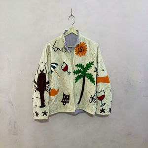 เสื้อแจ็คเก็ตปักมือลายการ์ตูนต้นปาล์ม กุ้งก้ามกราม แก้วไวน์ แขนยาว คอตั้ง ตะเข็บเปิด - Product Image 1