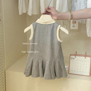 Child Star Circle Girls Sleeveless Polo Dress Gray Bear Patch Summer Breathable School Style Dress For Kids - Product Image 3